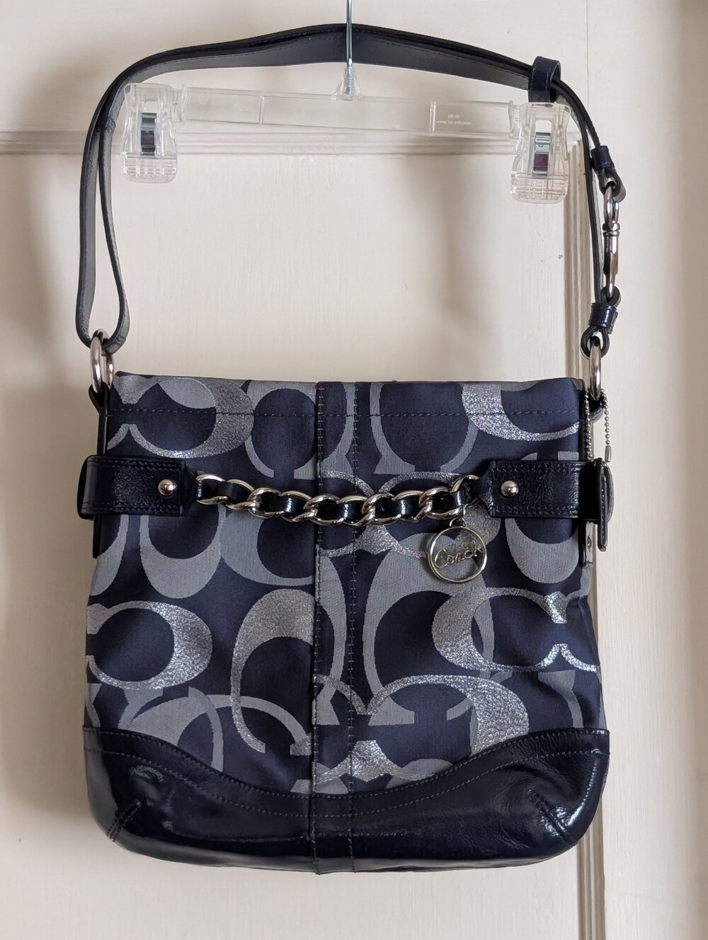 Coach Moto Optic Metallic Chain Crossbody Purse Navy Blue Signature Jaquard